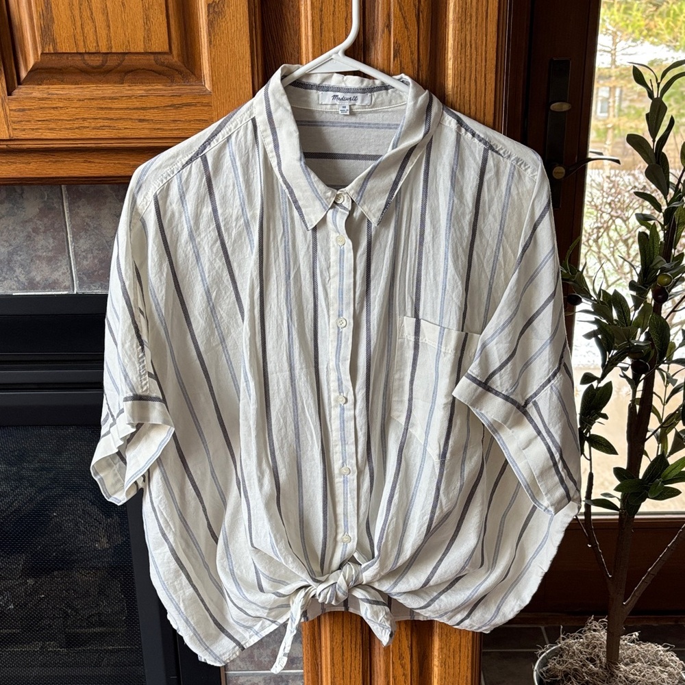 Madewell White with Light Blue Striped Button-Up Tie-Hem Blouse